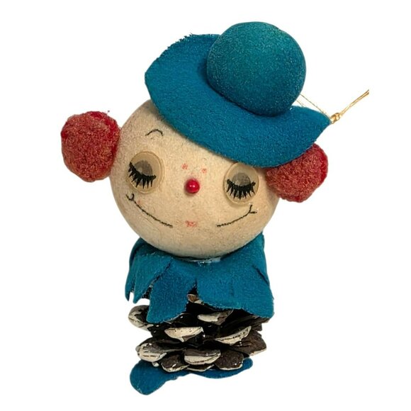 VTG Pinecone Snowman Ornament Winking Eyes Blue Hat Japan Christmas Clown MCM - Picture 8 of 9